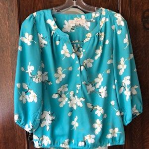 LOFT aqua floral split neck blouse